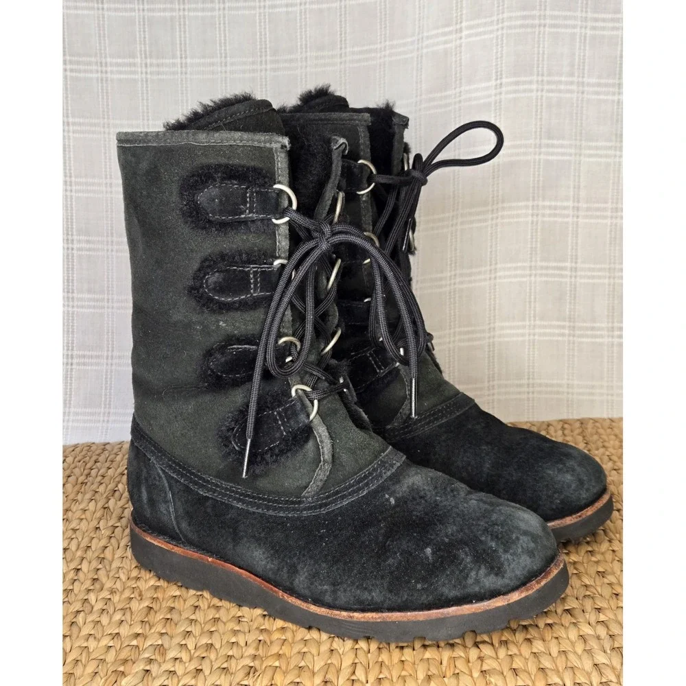 UGG Rommy Lace Up Winter Boots Womens Size 7‎ Black Leather Sheepskin Snow Warm